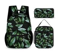Mateju Mochila de Gran Capacidad, Impresión de Plantas Tropicales, Mochilas Escolares Adolescente con Bolsa de Almuerzo, Estuche para Lápices, Mochila Niño Juego de 3 Mochila Infantil (Negro)