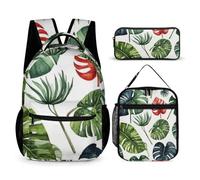 Mateju Mochila de Gran Capacidad, Impresión de Plantas Tropicales, Mochilas Escolares Adolescente con Bolsa de Almuerzo, Estuche para Lápices, Mochila Niño Juego de 3 Mochila Infantil (Hojas)
