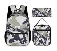 Mateju Mochila Niña de Gran Capacidad, Estampado de Camuflaje Escolares Adolescente con Bolsa de Almuerzo, Estuche para Lápices, Mochila Niño Juego de 3 Mochila Infantil (Blanco)