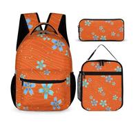 Mateju Mochila Niña de Gran Capacidad, Impresión de Plantas Mochilas Escolares Adolescente con Bolsa de Almuerzo, Estuche para Lápices, Mochila Niño Juego de 3 Mochila Infantil (Naranja)