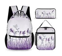 Mateju Mochila Niña de Gran Capacidad, Impresión de Plantas Mochilas Escolares Adolescente con Bolsa de Almuerzo, Estuche para Lápices, Mochila Niño Juego de 3 Mochila Infantil (Lavanda)