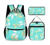 Mateju Mochila Niña de Gran Capacidad, Impresión de Plantas Mochilas Escolares Adolescente con Bolsa de Almuerzo, Estuche para Lápices, Mochila Niño Juego de 3 Mochila Infantil (Verde Azulado)