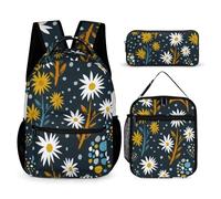 Mateju Mochila Niña de Gran Capacidad, Impresión de Plantas Mochilas Escolares Adolescente con Bolsa de Almuerzo, Estuche para Lápices, Mochila Niño Juego de 3 Mochila Infantil (Azul Marino)