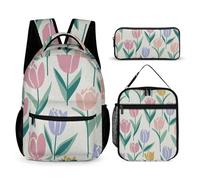 Mateju Mochila Niña de Gran Capacidad, Mochilas Escolares Adolescente con Bolsa de Almuerzo, Estuche para Lápices, Mochila Niño Juego de 3 Mochila, Serie de Plantas de Flores (Tulipán)