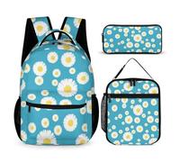 Mateju Mochila Niña de Gran Capacidad, Mochilas Escolares Adolescente con Bolsa de Almuerzo, Estuche para Lápices, Mochila Niño Juego de 3 Mochila, Serie de Plantas de Flores (Margarita Azul)