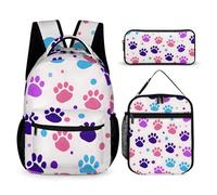 Mateju Mochila Niña de Gran Capacidad, Mochilas Escolares Adolescente Huella de Pata con Bolsa de Almuerzo, Estuche para Lápices, Mochila Niño Juego de 3 Mochila Infantil (Blanco)