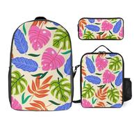 Mateju Mochila Niña de Gran Capacidad, Mochilas Escolares Adolescente Plantas Tropicales con Bolsa de Almuerzo, Estuche para Lápices, Mochila Niño Juego de 3 Mochila Infantil (Hojas Rosadas)