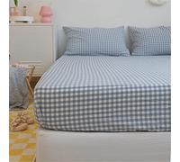 Mateju Sábana Bajera Ajustable para Grueso Colchón, Protector de Colchón Gingham de Polialgodón Suave Cómoda, con Elástica en el Borde Bolsillo Profundo 25cm (Azul,180x200cm)