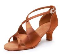 Mateju Zapatos de Baile Latino Mujer, Satín Zapatos de Baile de Salon para Salsa Bachata Tango Práctica, 5cm / 7cm Tacón, Suela Blanda con Correa Cruzada (Marrón, 5 cm,38)