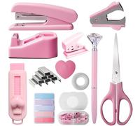 Material de oficina rosa, grapadora de mesa con dos bolígrafos, juego de artículos de oficina con grapadora, dispensador de cinta adhesiva, quitagrapas, grapas, clips, tijeras y pestañas, regalos para