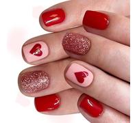 Materiales ABS brillantes, arte de corazón para presionar las uñas, juego de 24 piezas, fácil aplicación, múltiples tamaños, uñas postizas cuadradas cortas, diseño de corazón