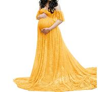 Maternidad fuera del hombro de la manga de la colmena vestido de boda de encaje vestido de fotografía maxi para el vestido, Cúrcuma, L