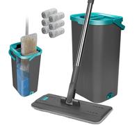 Mathome Juego de Fregona y Cubo, Trapeador de Piso Plano con Cubos de Función Escurridor, Mopa Fregona con Cubo Escurridor,Mopa Plana Microfibra con 6 Almohadillas para Madera Dura Laminado