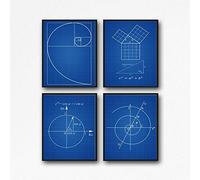 Maths Poster Set of 4 Math Posters Fibonacci Golden Spiral Pythagoras's Theorem Euler's Formula Archimedean Spiral Math Wall Art WB210 (28cm x 36cm, Blueprint)