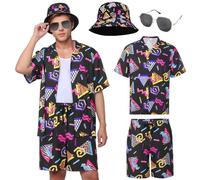 Matreeglam Camisa hawaiana de manga corta para hombre, camisa informal floral con pantalones cortos, gafas de sol, camisa hawaiana, camisas elegantes para hombre, para verano, vacaciones, viajes