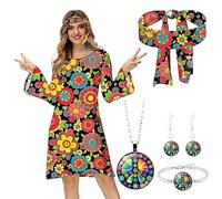 Matreeglam Juego de disfraz hippie para mujer, ropa retro para mujer, con vestido, diadema, gafas de sol, accesorio para el pelo, fiesta de los años 60 y 70 para carnaval, cosplay (negro, 2XL)