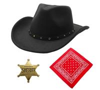 Matreeglam Sombrero de vaquero occidental para hombre, sombrero de vaquero tejano adulto con bufanda para el cuello e insignia de sheriff, accesorio de fiesta de disfraces, ranchero occidental