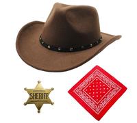 Matreeglam Sombrero de vaquero occidental para hombre, sombrero de vaquero tejano adulto con bufanda para el cuello e insignia de sheriff, accesorio de fiesta de disfraces, ranchero occidental