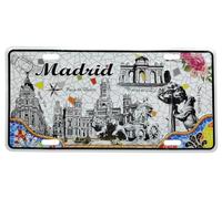 Matrícula Decorativa Madrid 30x15 cm - Placa Metálica de Pared con Monumentos y Texto España - Diseño Urbano en Amarillo y Azul para Garaje, Bar, Habitación, Oficina - 4 Orificios (Blanca 2)