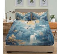 Matrimonial Fácil de Limpiar 3D Sábana Bajera Estilo Chino GrúAs Volando Entre Las MontañAs Transpirable Sabanas Elástico en el Borde Bolsillo Profundo 30cm Azul Claro para Grueso Colchón 160x200 cm
