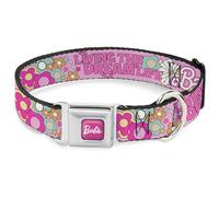 Mattel Collar para Mascotas, Collar de Perro, Hebilla de cinturón de Seguridad de Metal, Collar de Barbie Living The Dream Life Icons Collage Rosas, 16 a 23 Pulgadas, 1.5 Pulgadas de Ancho