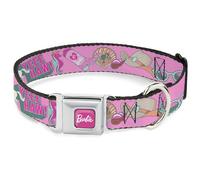 Mattel - Collar para Mascotas, Collar de Perro, Hebilla de cinturón de Seguridad de Metal, diseño de Barbie Beach Cowgirl Icons Collage Rosas, Azules, 11 a 16.5 Pulgadas, 1.0 Pulgadas de Ancho