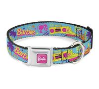 Mattel Collar para Mascotas, Collar de Perro, Hebilla de cinturón de Seguridad de Metal, Iconos de Barbie de los años Ochenta, Azul Brillante, Multicolor, 15 a 24 Pulgadas, 1.0 Pulgadas de Ancho