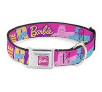 Mattel Collar para Mascotas, Collar de Perro, Hebilla de cinturón de Seguridad de Metal, Texto Barbie y muñecas, Collage, Rosa, Multicolor, 20 a 31 Pulgadas, 1.5 Pulgadas de Ancho