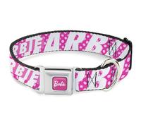 Mattel Collar para mascotas, collar de perro, hebilla de cinturón de seguridad de metal, texto Barbie y lunares rosas, blanco, 9.5 a 13 pulgadas, 1.0 pulgadas de ancho