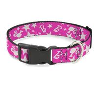 Mattel Collar para mascotas, collar de perro, hebilla de plástico, silueta de cola de caballo Barbie y estrella dispersa rosa y blanco, 13 a 17 pulgadas, 1.5 pulgadas de ancho