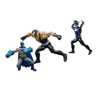 Mattel DC Premier Pack de 3 Figuras de acción, Batman & Nightwing Vs Bane de 16,51 cm, superhéroes y Villanos, brazales extragrandes y Bastones, JMD66