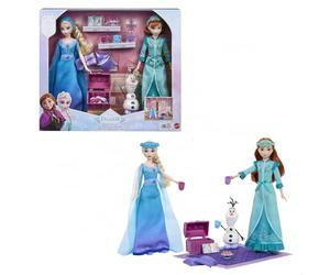 Mattel Disney Frozen Anna y Elsa Set Hermanas de Pijamada Muñecas Fashion | Estilos de pijama real, zapatillas, figura de Olaf y 12 accesorios, incluyendo almohadas y antifaces, JML08