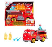 Mattel Disney Pixar Cars Rescate a toda máquina en Radiador Springs Camión de bomberos de juguete Rojo y Guido, 2 dianas de plástico en forma de fuego y 2 proyectiles de agua, JFL54