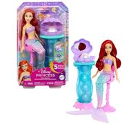 Mattel Disney Princesas Ariel con tocador desplegable Muñeca de moda de sirena con cola extraíble y tocador con cinco sorpresas repetibles y cinco accesorios, JBF86