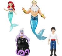 Mattel Disney Princesas Ariel, Pack de 4 muñecos pequeños de la Sirenita Ariel, el Príncipe Eric, Úrsula y el Rey Tritón, además de un tridente, inspirados en la película, JHG84
