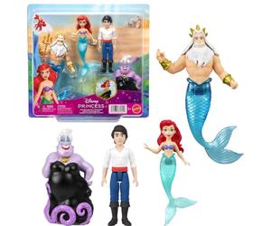 Mattel Disney Princesas Ariel, Pack de 4 muñecos pequeños de la Sirenita Ariel, el Príncipe Eric, Úrsula y el Rey Tritón, además de un tridente, inspirados en la película, JHG84