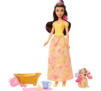 Mattel Disney Princesas Bella Baña y cepilla al Perrito Muñeca de Moda y Figura de Perrito con Manchas Que cambian de Color, bañera, Cepillo y Accesorios para el Pelo, Juguete Inspirado, JFC42