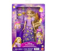 Mattel Disney Princesas Rapunzel con Melena mágica Muñeca de Moda con Cabello Que se Ilumina y 4formas más de Brillar, con Figura de Pascal y 7accesorios de Peinado, Inspirada en la película, JHL46
