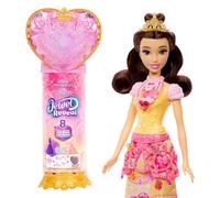 Mattel Muñeca Disney Princesas Bella de Moda JHL51, 9 piezas, 8 sorpresas y joyero corazón
