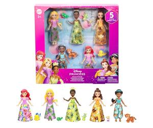 Mattel Disney Princess & Friends Pack de 5 muñecas pequeñas | 5 muñecas pequeñas articuladas con faldas o pantalones extraíbles y 5 figuras de amigos, inspirados en películas, JBL33