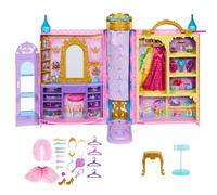 Mattel Disney Princess Set de juego de armario portátil con forma de castillo, con 2 conjuntos de moda para princesas, 25 accesorios, tocador y almacenamiento, juguete +3 años (HXC20)
