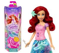 Mattel Disney Princess Spin & Reveal Ariel, Muñeca princesa con falda de flores, incluye 11 sorpresas como 5 accesorios y 5 pegatinas, juguete regalo para niños y niñas +3 años, HTV88
