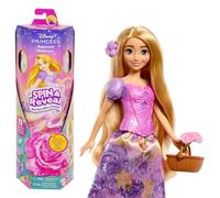 Mattel Disney Princess Spin & Reveal Rapunzel, Muñeca princesa con falda de flores de la película Enredados, incluye 5 accesorios y 5 pegatinas, juguete regalo para niños y niñas +3 años, HTV86