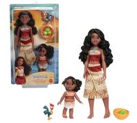 Mattel Disney Vaiana 2 Juguetes, Conjunto de 2 muñecas hermanas con atuendos característicos, mascota Heihei, accesorios de coco y cesta inspirados en la película, JBT66