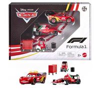 Mattel Disney y Pixar Cars x Fórmula 1 Pack de 3 vehículos | Rayo McQueen, Francesco Bernoulli y Alex Machino con pila de neumáticos y carro de herramientas, JTJ08