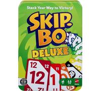Mattel Games Skip-Bo Juego de Cartas Deluxe en Lata, 7+ años, 2-6 Jugadores | Envase metálico, accesible para daltónicos, juego de cartas para niños, adultos y familias, JNP58