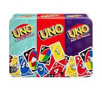 Mattel Games UNO con 2 Packs de expansión y Caja metálica Coleccionable para niños, Adultos y Noches de Juegos en Familia, De 2 a 10 Jugadores, JCV60