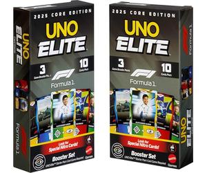 Mattel Games UNO Elite Fórmula 1 2025 Pack Doble Booster, 7+ | Incluye 60 cartas de acción Elite aleatorias temáticas para niños, adolescentes y noches de juego, 2-5 jugadores, JLV45