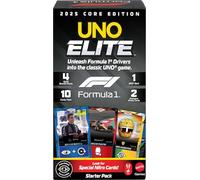 Mattel Games UNO Elite Fórmula 1 2025 Pack Inicio + 7años. 2-5 Jugadores | Incluye baraja completa, 4 sobres booster con 40 cartas y 2 cartas promo, para noche de juegos en familia, JLV42