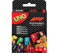 Mattel Games UNO F1 Juego de Cartas para niños, familias, Viajes y acampadas, baraja con imágenes de Fórmula 1, JMF10